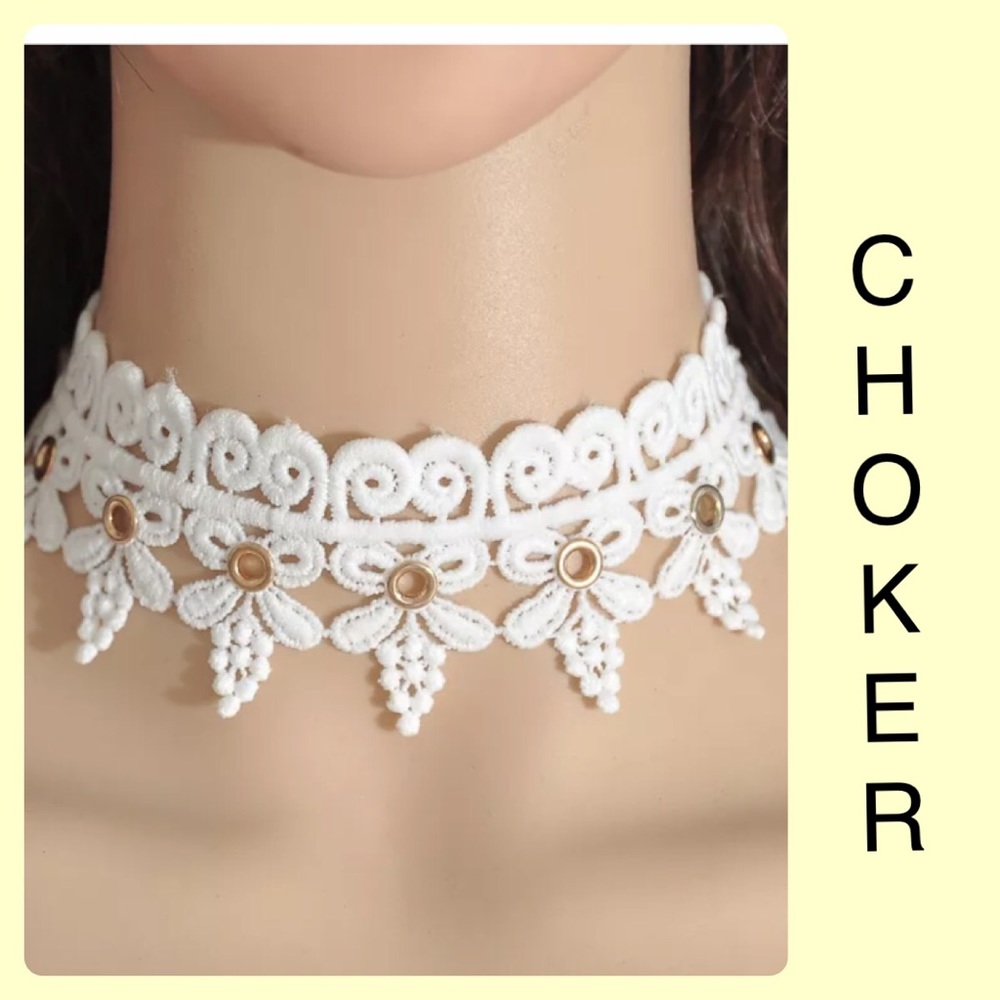 White ivory Lace Bow Grommet Choker Collar Goth